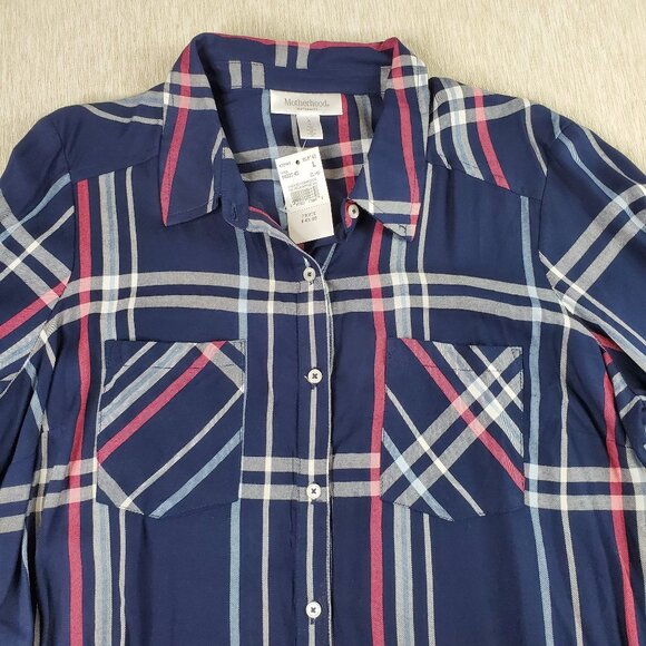 Motherhood maternity blue plaid dress large belted Roll Tab Sleeves pockets NWT - Picture 5 of 9